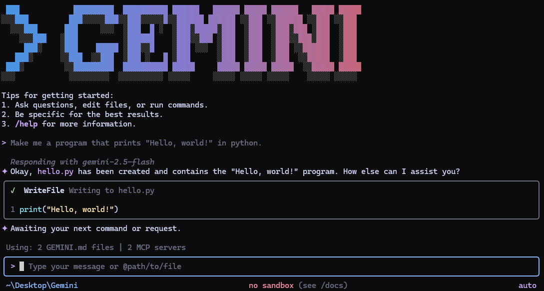 Gemini CLI terminal session showing code generation.
