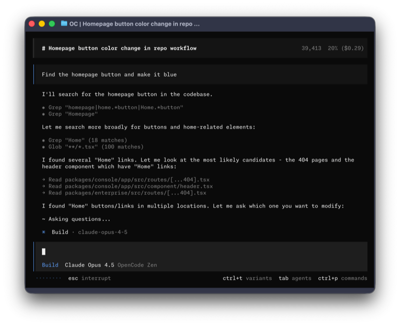 OpenCode terminal interface during a coding session.