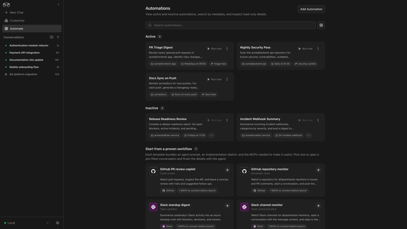 OpenHands web interface showing an autonomous coding session.