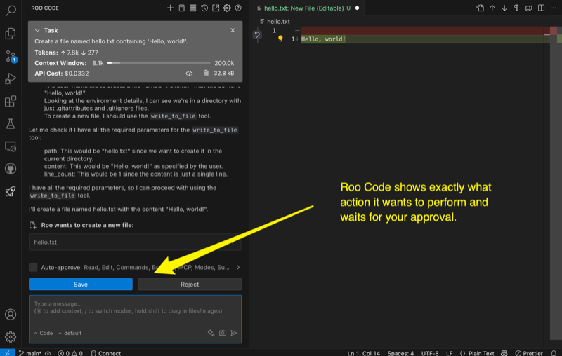 Roo Code interface in VS Code showing task planning.